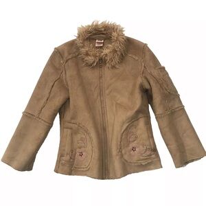 Vintage Y2K Coat Jacket Fur Suede Embroidered Floral XS 4-5 Boho Hippie